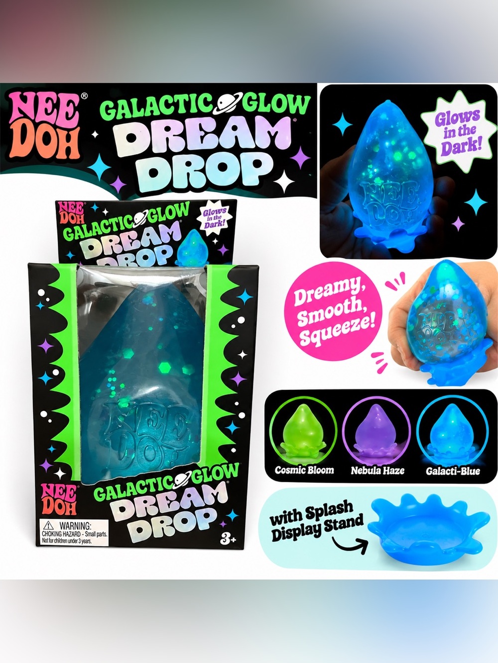 NeeDoh Galactic Glow Dream Drop Galacti-Blue Glow in the Dark Fidget RARE